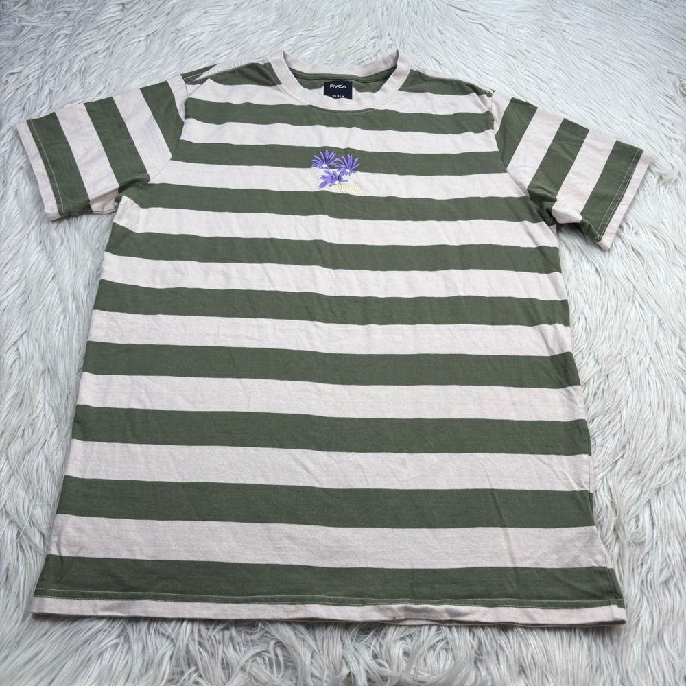 RVCA Men's M Green Beige Striped Floral Embroidered T-Shirt Dopamine Skate